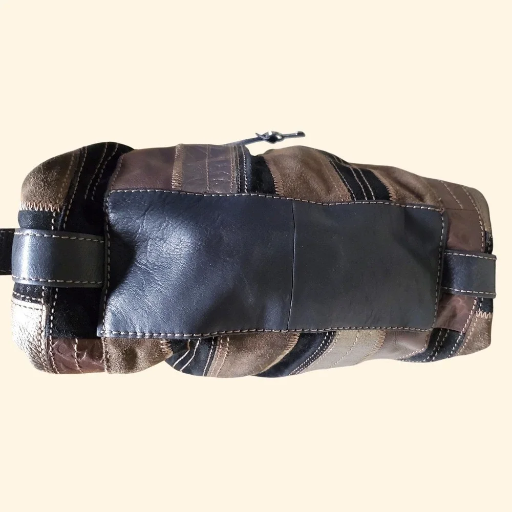 Fossil Y2K Hobo Patchwork Leather Suede Bag Brown Black Bronze Metallic M